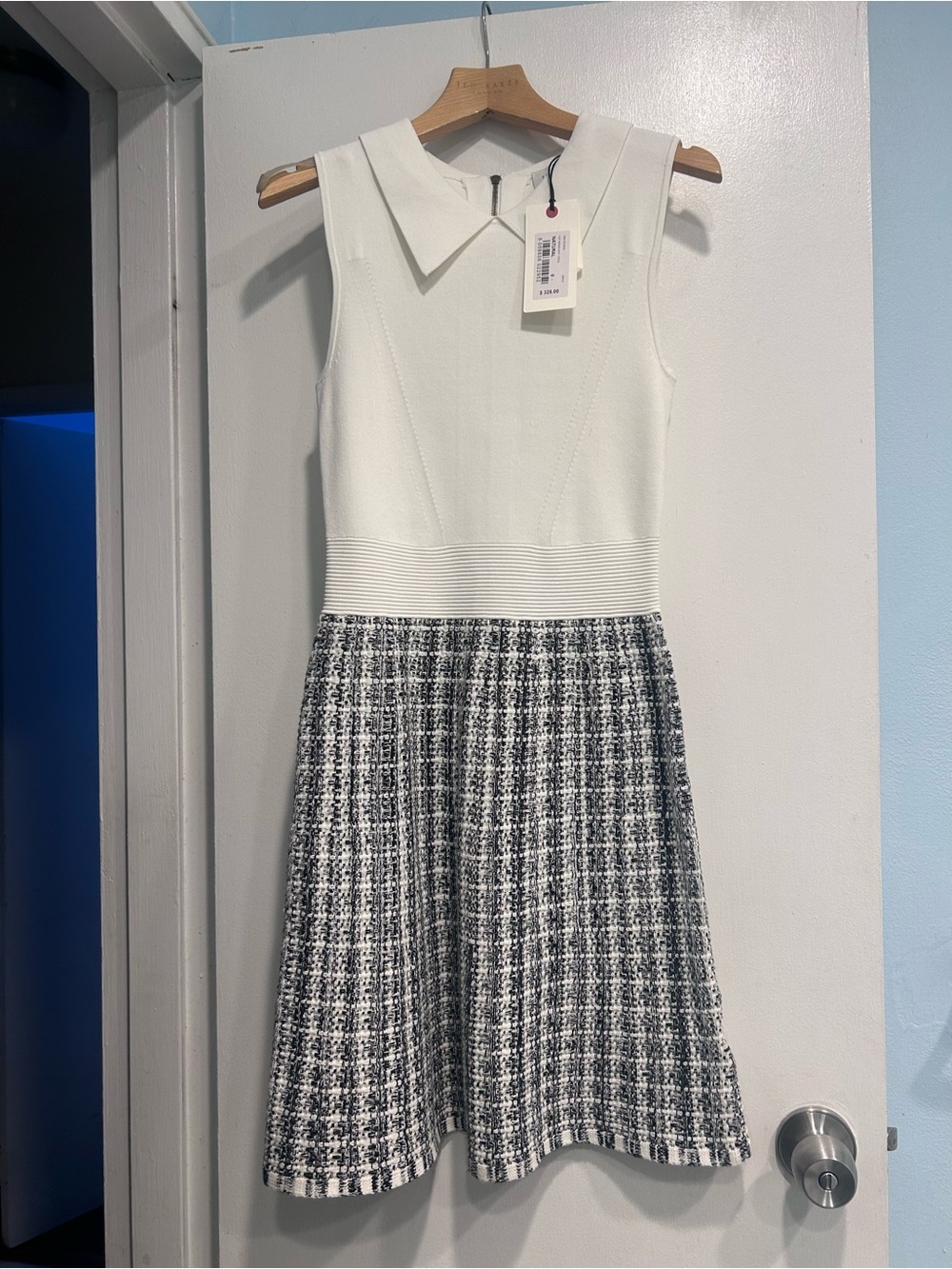 Ted Baker White Sleeveless Dress with Black & White Tweed Skirt